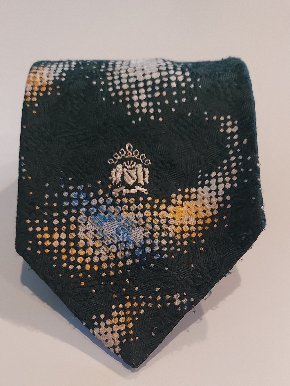 Vintage 70s Oleg Cassini Burma Green Tie with Gold and Blue Dot Pattern